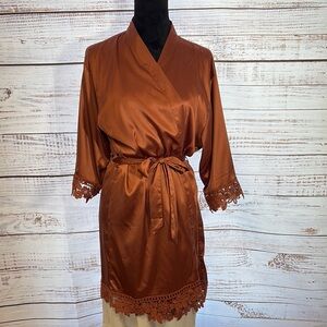 BHLDN Copper Lia robe long sleeve‎ silky lace, Satin Lace Trim Robe size S/M